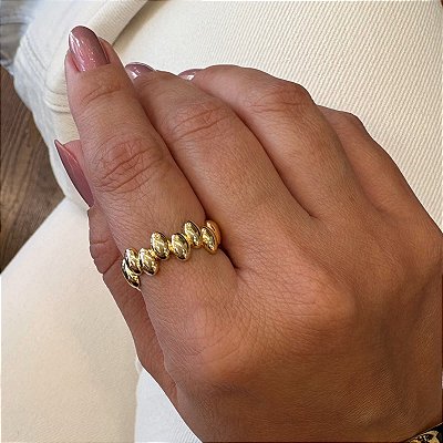 Anel Bolinhas Ovais Zig Zag Banhado em Ouro