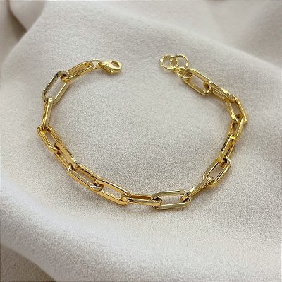 Pulseira Elos Liso Alongado Minimalista Médio Banhado em Ouro