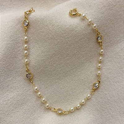 Pulseira Pérolas com Pontos de Luz Banhado em Ouro