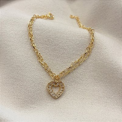 Pulseira Dupla Coração Vazado Zirc Baguete Banhada Ouro