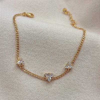 Pulseira Trillion Groumet Delicada Cravejada Banhada em Ouro