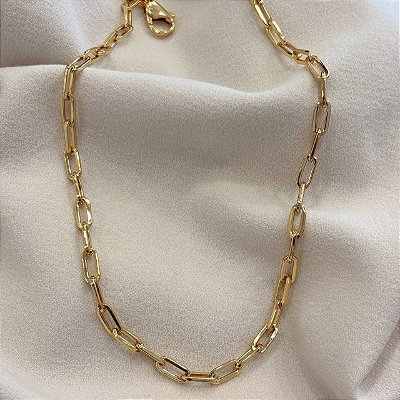 Colar Elos Liso Alongado Minimalista Médio Banhado em Ouro