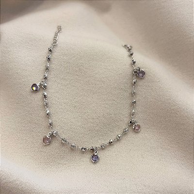 Pulseira Corações Coloridos Bolinha Diamantadas Banhada Ródio