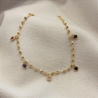 Pulseira Corações Coloridos Bolinha Diamantadas Banhada Ouro