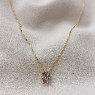 Colar Inicial Letra R Bold Cravejada Banhado em Ouro