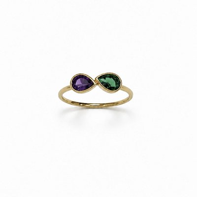 Anel Gotas Esmeralda Ametista Banhado em Ouro