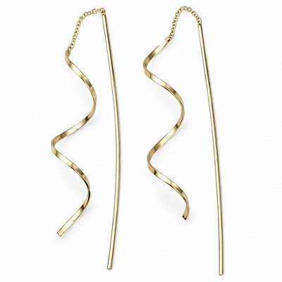 Brinco Longo Espiral Cachos Espelhado Banhado em Ouro