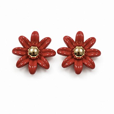 Brinco Flor Gerbera Vermelha Banhado em Ouro