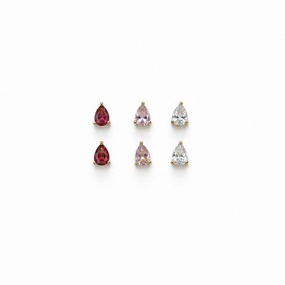 Trio Brinco Gota 7mm Cristal Rosa e Cereja Banhado Ouro