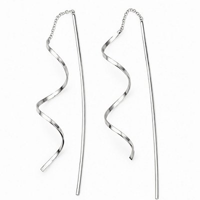 Brinco Longo Espiral Cachos Espelhado Banhado em Ródio