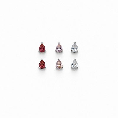 Trio Brinco Gota 7mm Cristal Rosa e Cereja Banhado Ródio