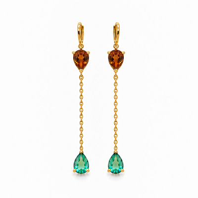 Argola Fio Cravejado Gota Conhaque e Verde Banhado Ouro