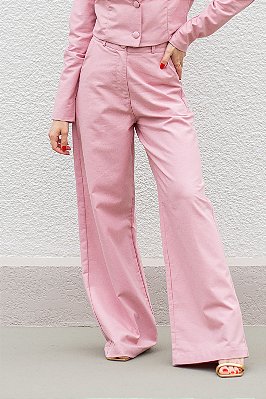 Calça alfaiataria pantalona rose blush com linho feminina.