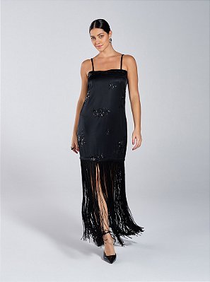 Vestido Karla Midi com Franja Bordado Preto