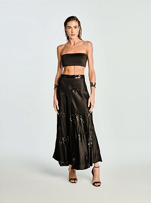 Saia Jaine Midi Bordada Paetê Preta