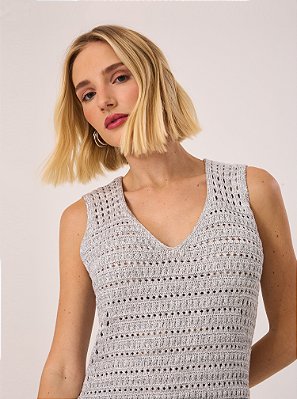 Vestido Curto Regiane de Tricot Vazado Cinza