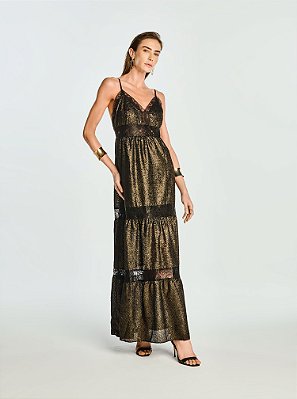 Vestido Hanna Jacquard Preto e Dourado
