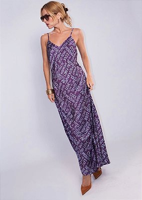 Vestido Irene Acetinado Estampado Roxo e Azul