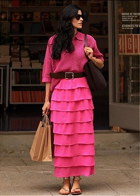 Saia Rose Chiffon Camadas Pink