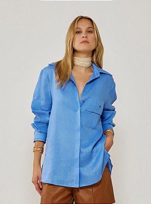 Camisa Talia Ampla Cambraia Linho Azul Celeste