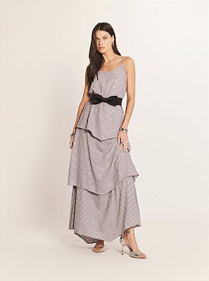 Saia Julia Chiffon Bordada Cinza