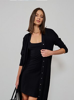 Conjunto Tamires Canelado Cardigã Malha Preto