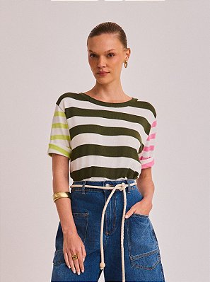 Blusa Carmen Tricot Listrada Off White e Verde