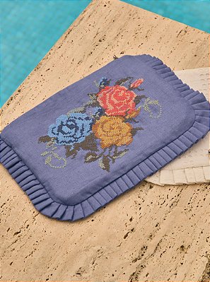 Bolsa Carteira Greta Linho com Bordado Azul