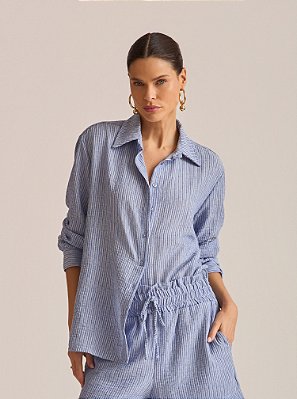 Camisa Sueli Fio Tinto Crinkle Listrada Azul e Off White
