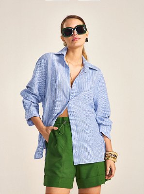 Camisa Sueli de Fio Tinto Crinckle Listrada Azul e Off White