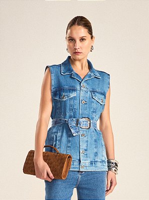 Colete Jeans Rute Maxi com Cinto Azul