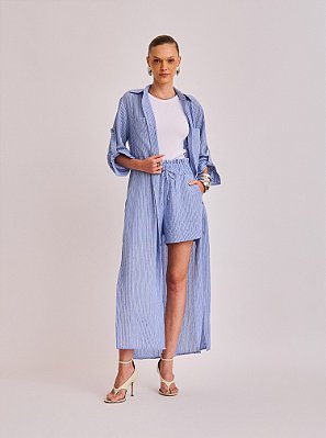 Coordenado Ligia de Fio Tinto Crinckle Listrado Azul e Off White