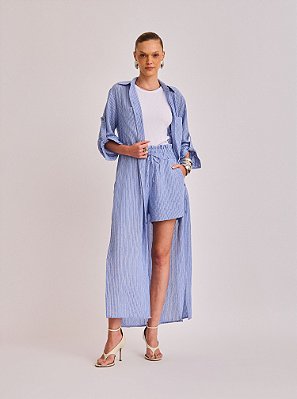 Coordenado Ligia de Fio Tinto Crinckle Listrado Azul e Off White