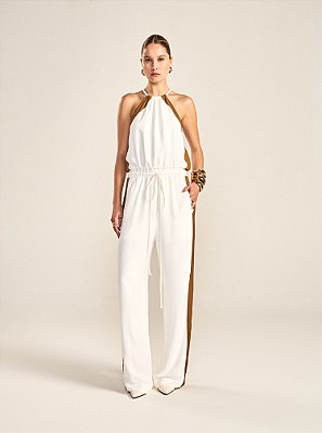 Macacão Fabia de Crepe com Viscose Contraste Off White e Marrom