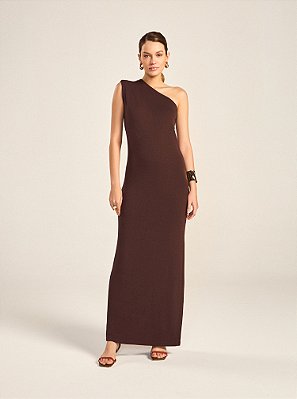 Vestido Midi Maria de Malha Reto Um Ombro Só Marrom