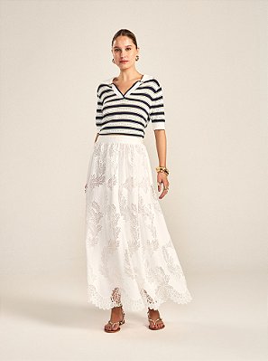 Saia Midi Lila de Renda Bordada Ampla Off White