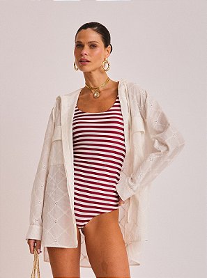 Blusa Bata Marcella de Voil Bordado com Capuz Off White