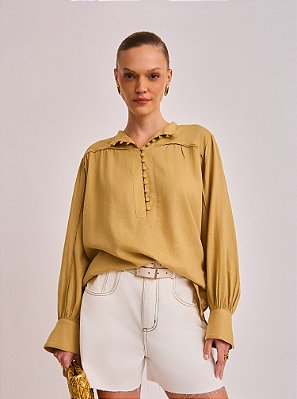 Camisa Malu de Linho em Viscose com Vivo Caramelo