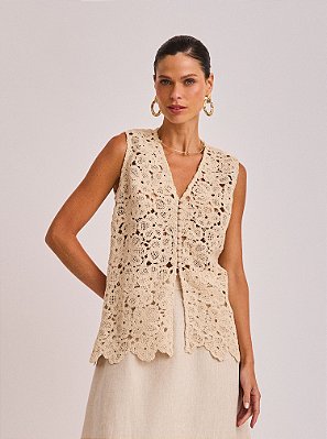 Colete Ana Lívia de Crochê Bege