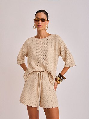 Coordenado Eduarda de Tricot Trabalhado Bege