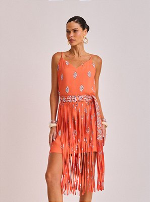 Vestido Curto Margo de Crepe em Alfaiataria Estampado Laranja