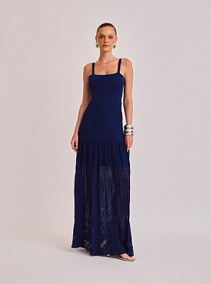Vestido Longo Julia de Tricot Rendado Floral Marinho