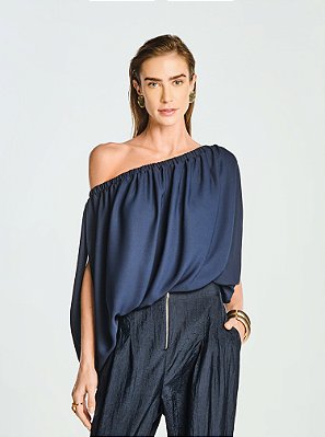 Blusa Saphire Musseline Manga Ampla Marinho