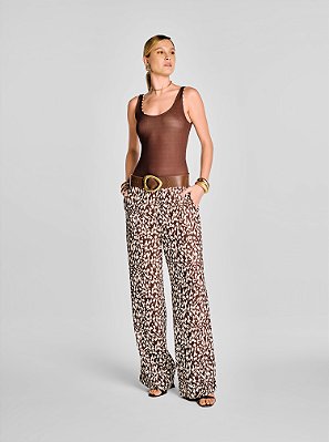 Calça Pantalona Muse Crepe Estampada Marrom e Off White