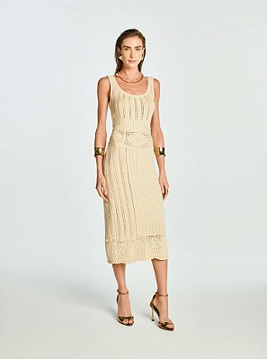 Vestido Midi Cosy Tricot com Forro Bege