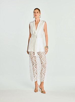 Saia Midi Grace Renda com Fendas Laterais Off White