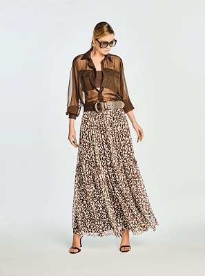 Saia Longa Savanna Tule Estampada Marrom e Off White