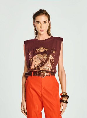 T-shirt Shine Malha Muscle com Ombreiras Estampada Marrom