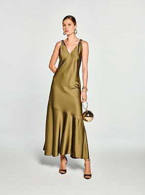 Vestido Longo Maysa Acetinado Fluido Verde Oliva