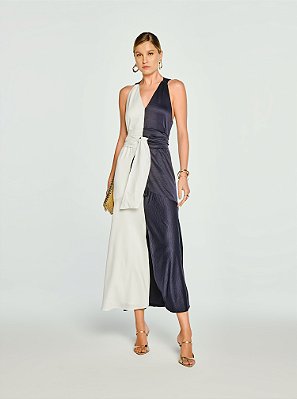 Vestido Longo Orion Acetinado Fluido Off White e Marinho